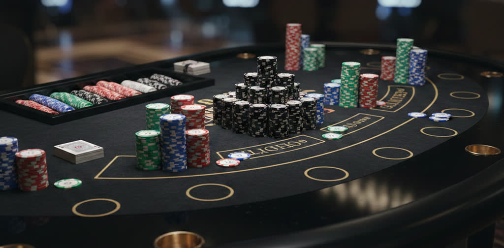 Complete casino party setup with multiple gaming tables professional lighting and Vegas atmosphere in Huntsville venue