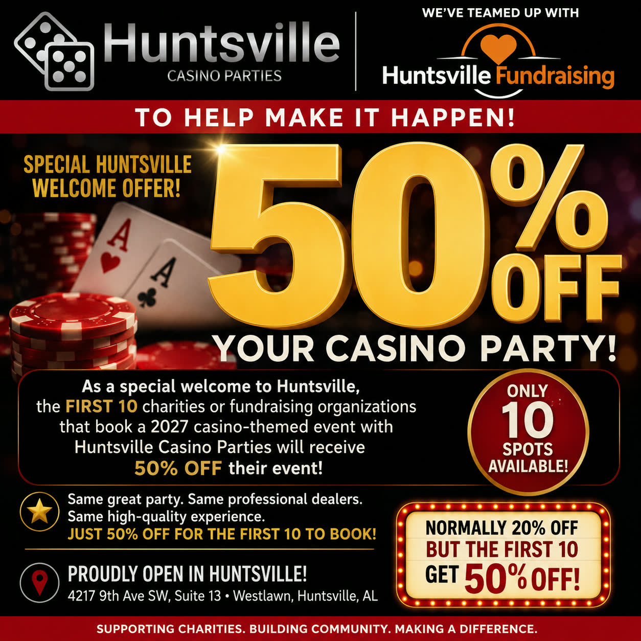 Huntsville Casino Parties has teamed up with Huntsville Fundraising — first 10 charities get 50% off their 2027 casino event